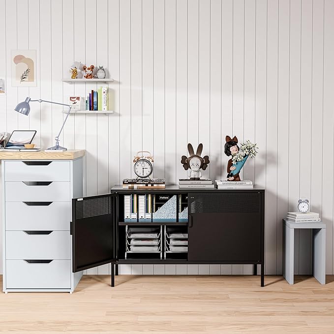 Washsemba 2 Door Storage Sideboard, Metal Storage Cabinet with 2 Adjustable Shelf,Multipurpose Metal Accent Cabinet for Office Home,Music Studio (Black, 25''H)