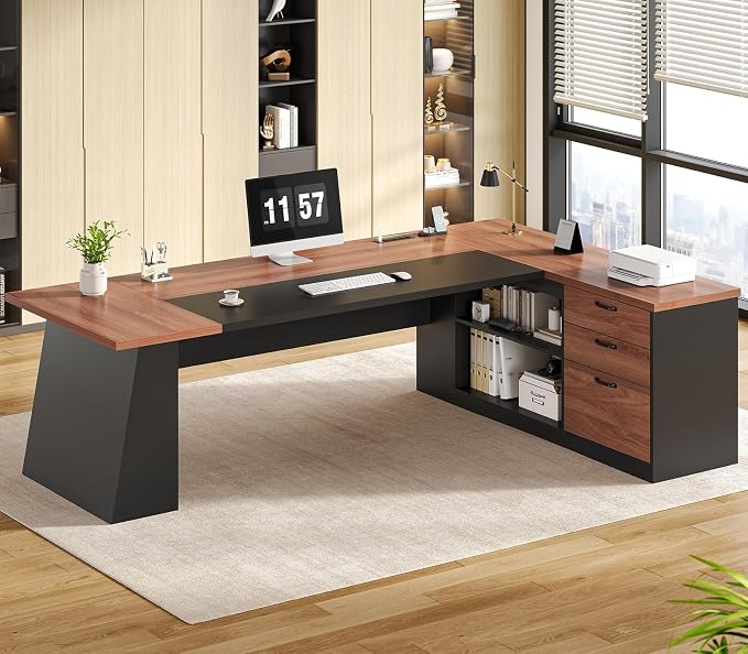 78.7" L Shaped Executive Desk with Power Outlets, Extra Large Office Desk with Drawers & File Cabinet, Modern Corner Computer Desk with Storage Shelves, Business Furniture, Walnut & Black
