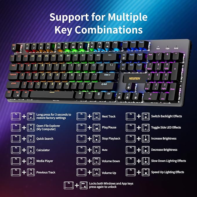 Newmen GM325Pro Mechanical Keyboard,Gaming Keyboard 104 Keys Red Switches | Rainbow LED Backlit,Metal Panel,ABS Black Keycaps,Wired Gaming Mechanical Keyboard for Windows ,Linear Red Switches,QWERTY