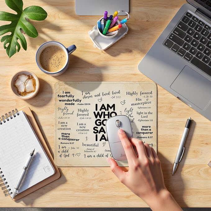 God Says I Am Christian Mouse Pad 9.5x7.9 Inch (Neutral),J249 | Neutral boho God Says I Am Bible verse mousepad for office dorm computers, Christian desk decor and faith gifts for women