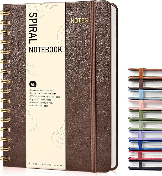 Dotted Spiral Journal Notebook, A5 Hardcover Spiral Journals for Women Men, 100 GSM Dot Grid Paper Notebooks, 150 Pages Spiral Bullet Dotted Notebook for Writing Note Taking 5.75" x 8.38", Dark Brown