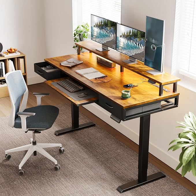 AODK 63 Inch Standing Desk with Drawers & Keyboard Tray, Rustic Brown | Power Outlet, LED Lights, Monitor Stand, Cable Management Tray, 3 Memory Heights, 29.9"-46.1" in Range
