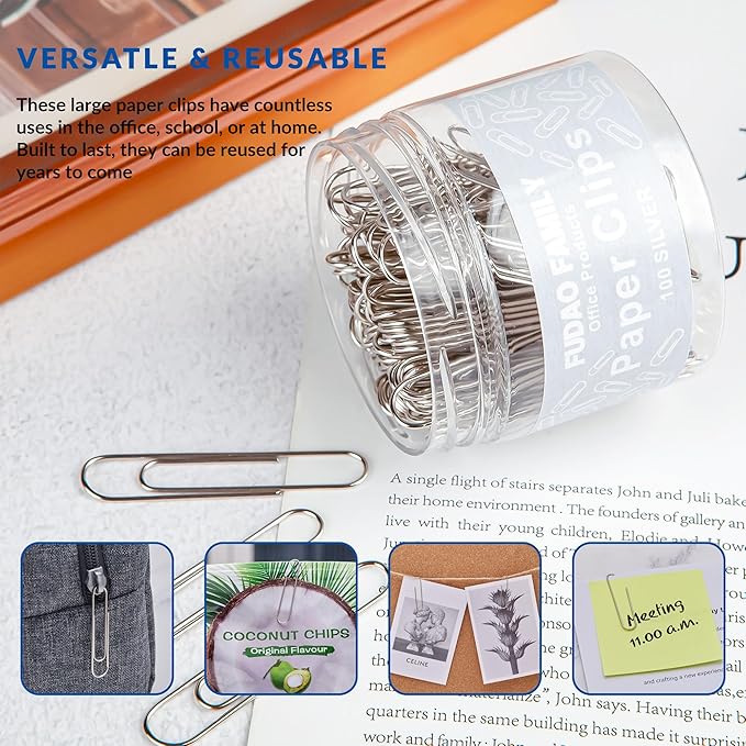 Jumbo Paper Clips, 2 Inch Paper Clip, 100 pcs Large Paperclips (Jumbo, Silver)
