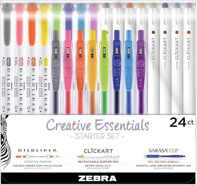 Zebra Pen Creative Essentials, MILDLINER, CLiCKART & SARASA, Assorted, 24Pk | Includes 8 MILDLINER Highlighters, 8 CLiCKART Markers and 8 SARASA Clip Retractable Gel Pens, Ideal for Journaling (76024)