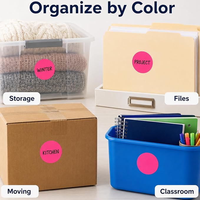 Fluorescent Pink Dot Stickers, 2 Inch, 500/Roll | Large Dot Stickers with Writable Paper for Inventory and Classroom Organization. Made in USA
