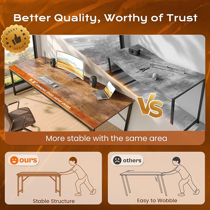 78.7 X 29.5 Inch Computer Desk with Deeper Desktop, Long Gaming Office Writing Work Desk for Home Office, Study, Bedroom, Work from Home, Metal Frame, Rustic Brown