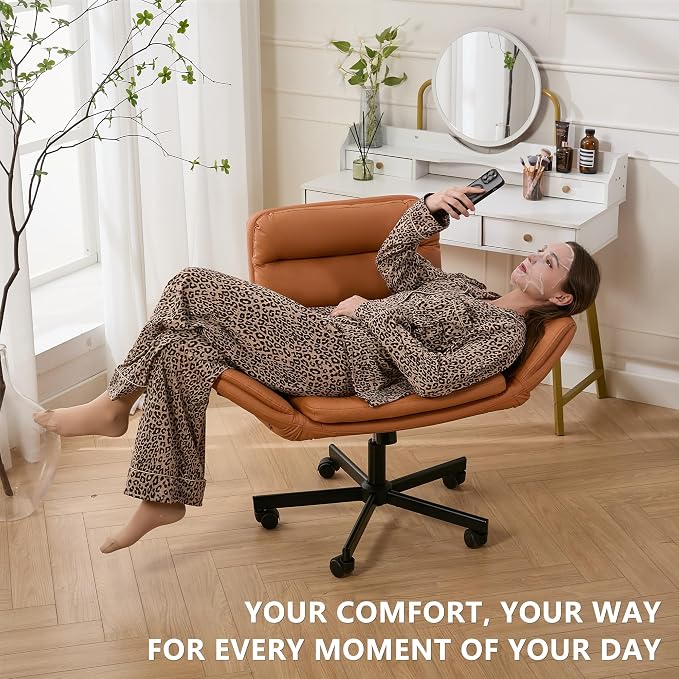 Criss Cross Chair with Flip-Up Arms & Swivel Wheels, Vanity Chair with Adjustable Height & Side Pockets, Comfortable Wide Seat Reclining Computer Office Desk Chairs for Home Office, Make Up, Bed Room