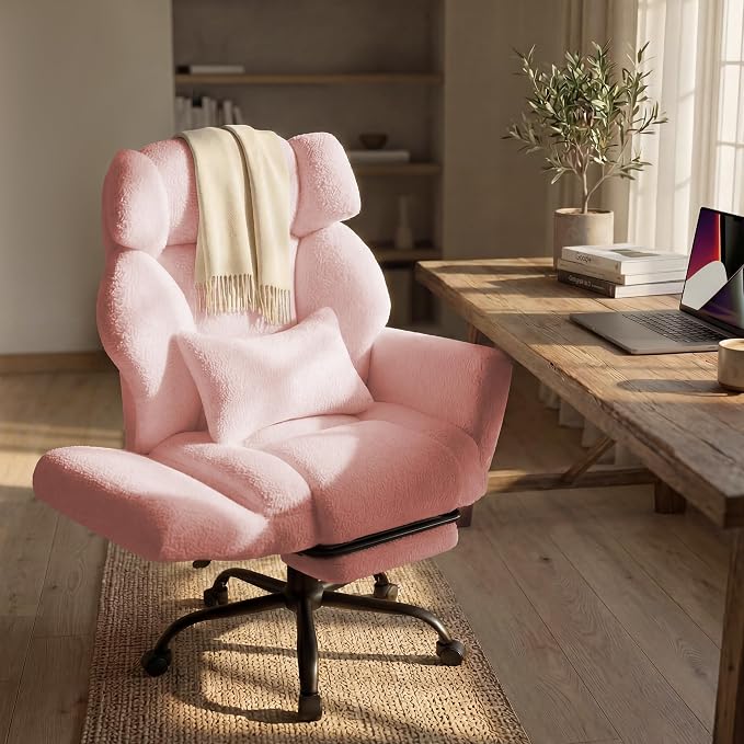 Office Chair with Flip Armrests,Big and Tall Office Chair with Foot Rest,Extra Wide Seat & Lumbar Pillow,Comfy Criss Cross Chair for Pets Sitting,Ergonomic Computer Gaming Chair,Teddy Fleece,Pink