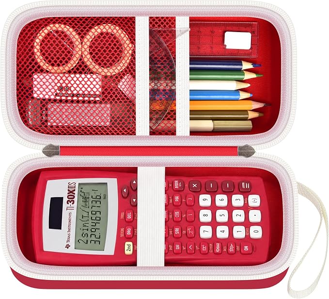 Red Calculator Case for TI-30XS/TI-30XIIS/TI-30Xa/TI-36X Pro | Hard EVA Shell, Two-Layer Mesh Pockets, Elastic Holder, Wrist Strap, 8.27x 3.94 x 2.36 in, School Exam Carry