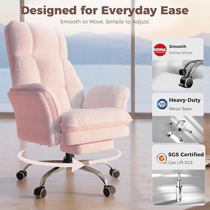 Big and Tall Office Chair, Flip Armrests for Pets & Cross Legged Sitting | Executive Ergonomic Computer Gaming Chair with Foot Rest, Teddy Fleece Wide Seat Reclining Desk Chair, Pink