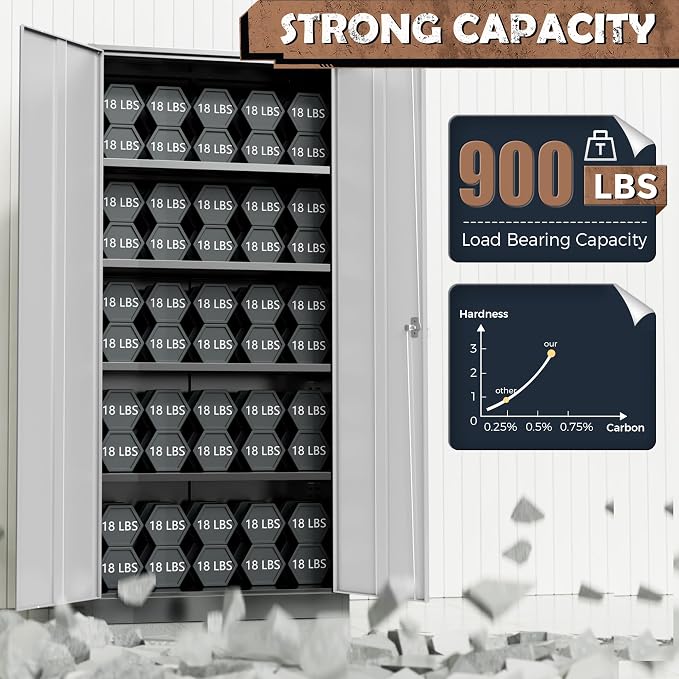 Metal Storage Cabinet, 72” H Storage Cabinet with 2 Doors and 4 Adjustable Shelves for Office, Home, Garage, Pantry (Assembly Required, Black Grey)