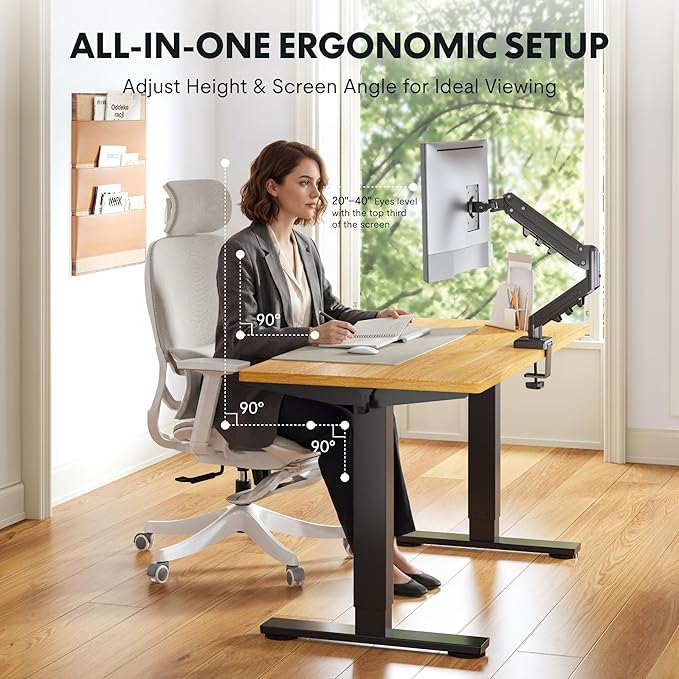 FLEXISPOT EN2 48''x24'' Standing Desk with Monitor Mount Bundle, 1" Thick One-Piece Desktop, Fully Adjustable Single Monitor Arm with Cable Management, Bundle for Home Office, Gaming & Study, Maple