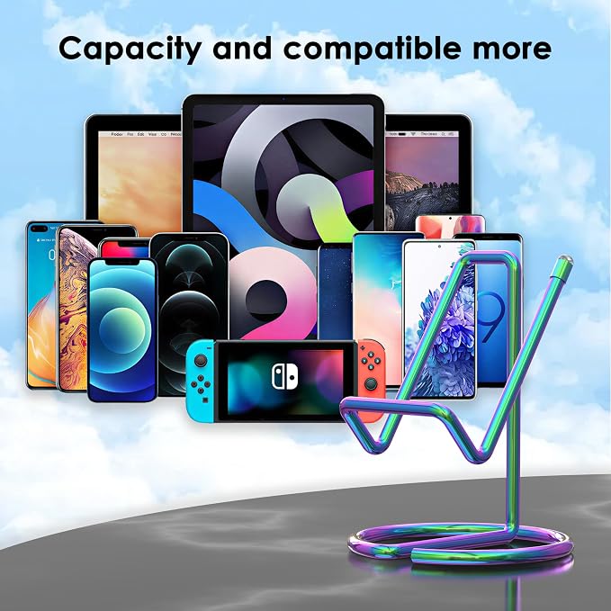 Metal Cell Phone Stand for Desk, Cute One-Piece Phone Holder, Stable Desktop Display Dock for iPhone, iPad, Samsung, Tablets & All Mobile Phones, Colorful