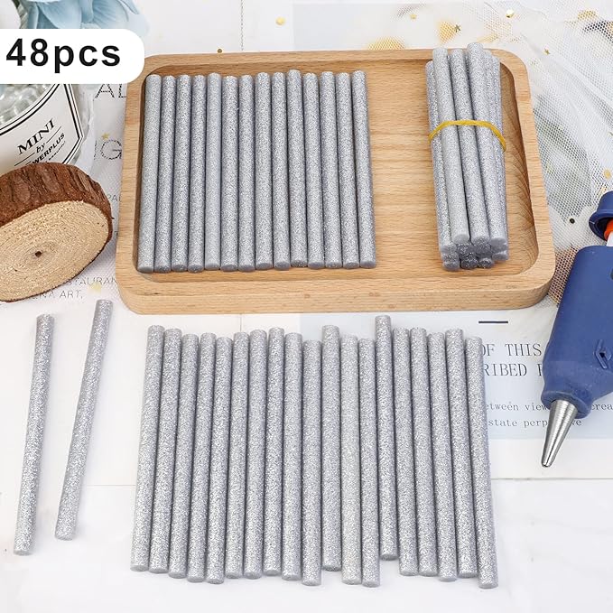 Manarty Glitter Silver Hot Glue Stick, 48 PCS 0.27" Dia x 4" Long Mini Hot Melt Glue Sticks Colored, Adhesive EVA Glue Sticks Standard for Sealing Repairing DIY Art Handmade Car Craft Decoration