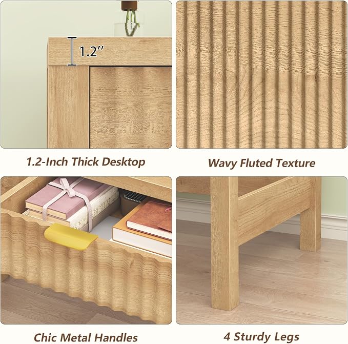 32 Inch Small Fluted Computer Desk with 2 Drawers for Bedroom, Home Office | Small Wooden Computer Desk with Storage, Compact Writing Study Vanity Desk for Small Spaces, Oak