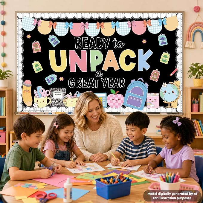 Welcome Back to School Bulletin Board Set Composition Notebook Inspirational Classroom Decoration Colorful Ready to Unpack a Great Year Paper Cutouts for School Office Home Chalkboard Wall Door Decor