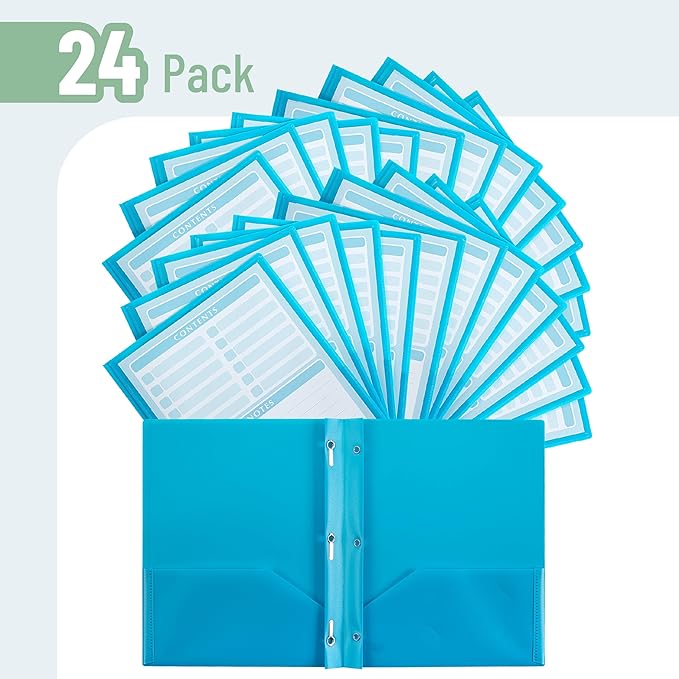 Mr. Pen- Plastic Folders with Pockets and Prongs, 24 Pack, Letter Size, Blue, Flexible Plastic Folders with Prongs, Clear Front Pocket and Card Slot