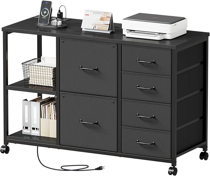 6 Drawer File Cabinet with Charging Station and Open Storage Shelf, Black