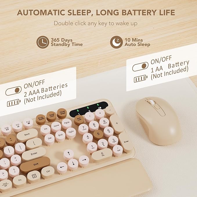 Wireless Keyboard and Mouse Combo, Round Keycaps, Full-Size Retro Typewriter Keyboard with Magnetic Wrist Rest, Tilt Legs, 2.4GHz Cordless for Mac, Windows PC, Laptop, SABLUTE CK23, Latte Beige