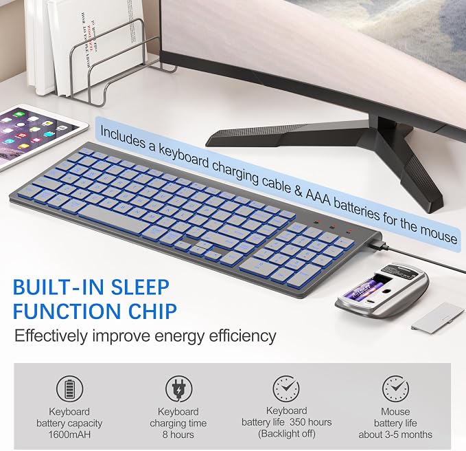 Wireless Backlit Keyboard and Mouse Ultra Slim Combo, TopMate - Gray Silver | 2.4G Silent Compact 2400DPI Mouse and Scissor Switch Keyboard Set, Batteries Included, for PC/Laptop/Windows/Mac/Gaming