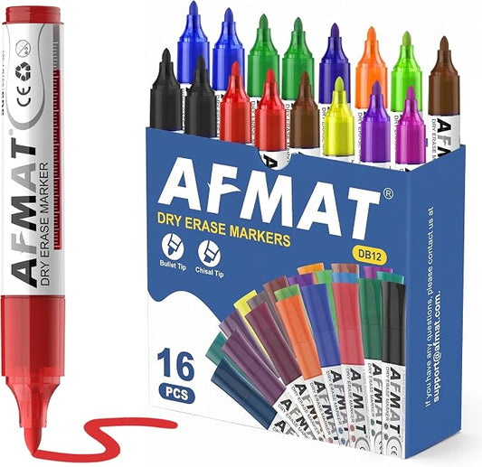 AFMAT Dry Erase Markers, 3x High Capacity, Liquid Bullet Tip Whiteboard Markers with Visible Ink Level, Low Odor Erasable Markers for Teachers, Classroom Essentials, Office Supplies[12 Colors,16 Pack]