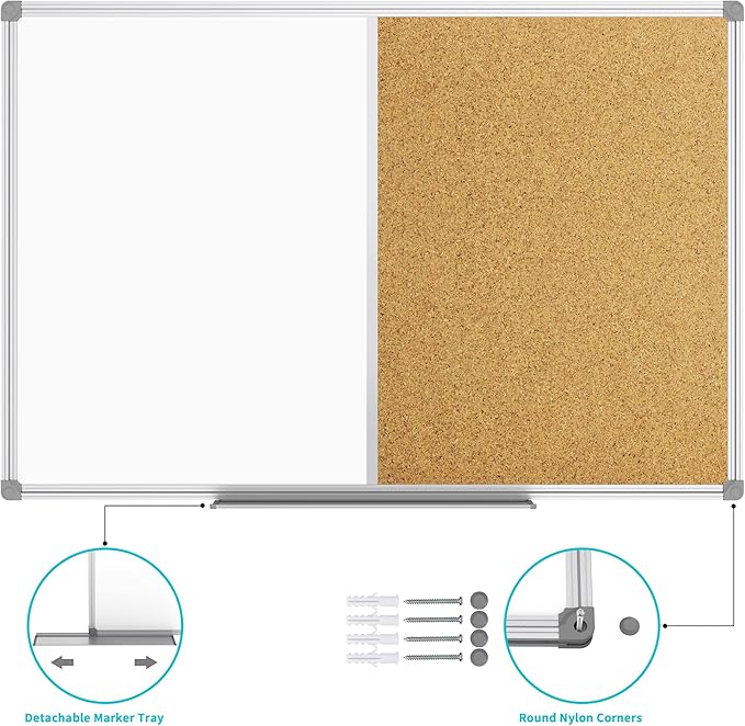 JILoffice White Board & Bulletin Corkboard Combination, Combo Board 36 x 24 Magnetic Whiteboard, Silver Aluminum Frame Wall Mounted Board for Office Home and School with 10 Push Pins