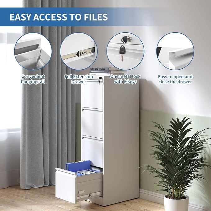 4 Drawer File Cabinet with Lock,Metal File Cabinet for Home Office | White Vertical Filing Cabinets Heavy Duty Office Storage Cabinets for Letter/Legal/A4/F4 Size File, Assembly Required