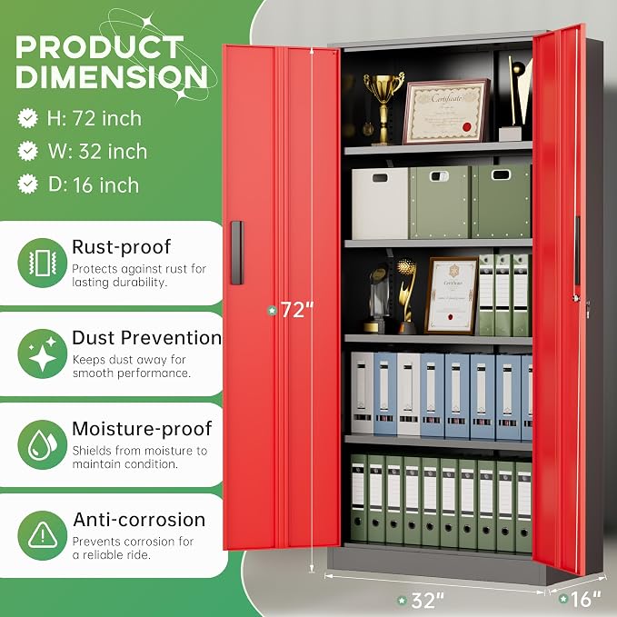 Metal Storage Cabinet,72" Steel Lockable File Cabinet with Locking Doors and Adjustable Shelves,Locking Tool Cabinets for Office,Home,Garage,Gym,School (Black Red)