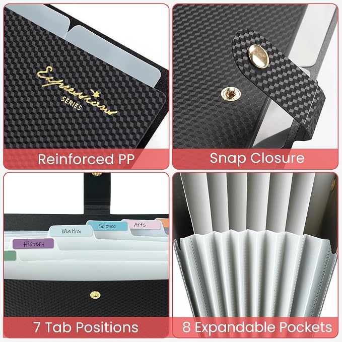 Sooez Accordion File Organizer 8 Pocket, Expanding File Folder with Labels | Folders for Document, Portable Paper Bill Receipt Organizer for Home School Office College Supplies, Letter Size, Grey