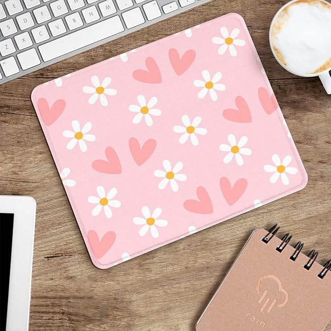Seorsok Square Mouse Pad Cute Pink Heart and Flower,Office Home Personalized Premium-Textured Mouse Mat Design,Waterproof Mousepad,Non-Slip Rubber Base Computer Mouse Pads for Wireless Mouse