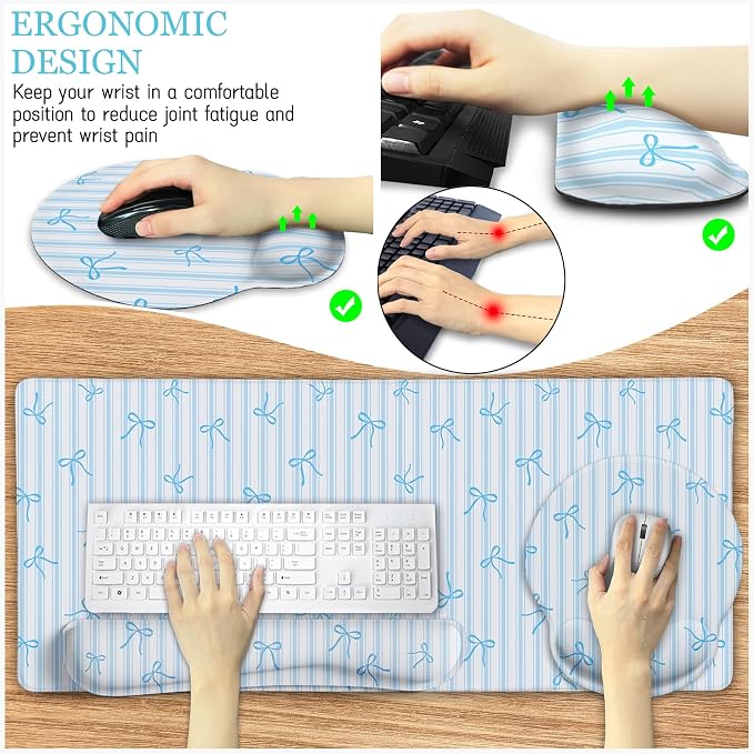 LIMKRIAN Blue Striped Mouse Pad Set Large Desk Mat for Keyboard and Mouse | Ergonomic Office Mousepad with Wrist Rest, Keyboard Mat Wrist Support, Cup Coaster, Cute Office Desk Accessories for Women