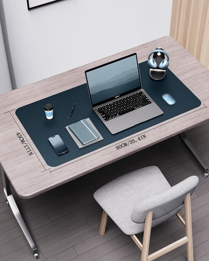 YSAGi Double-Sided Desk Pad, 35.4"x17"Leather Desk Mat, Eco Cork Desk Pad Protector,Large Mouse Pad,Waterproof Desk Blotter for Office/Home(Dark Blue)