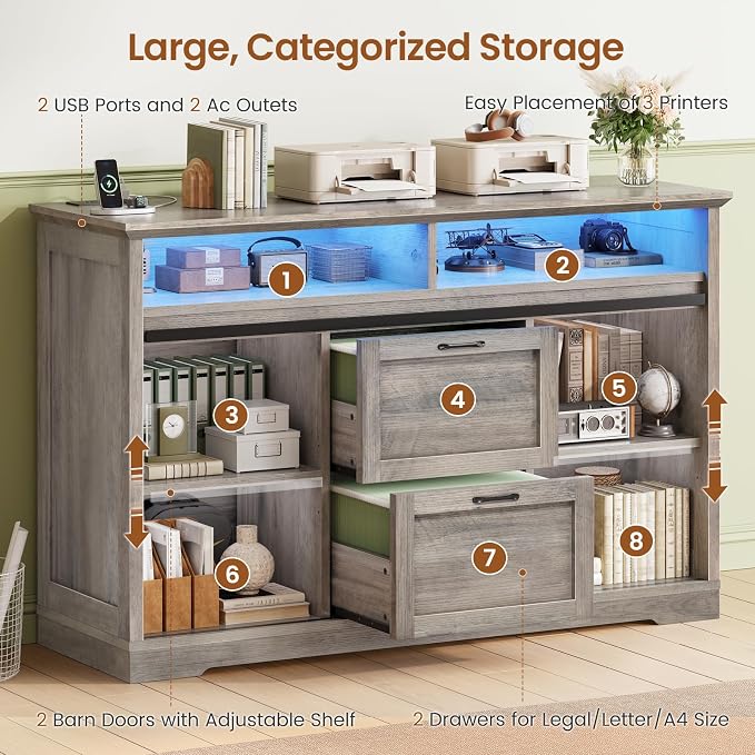 SEDETA 47.2" File Cabinet, 2 Drawers Filing Cabinets for Home Office fit Legal/Letter/A4 File, Farmhouse File Cabinet with Barn Door & Power Outlets, Printer Stand with Storage & LED Lights, Grey