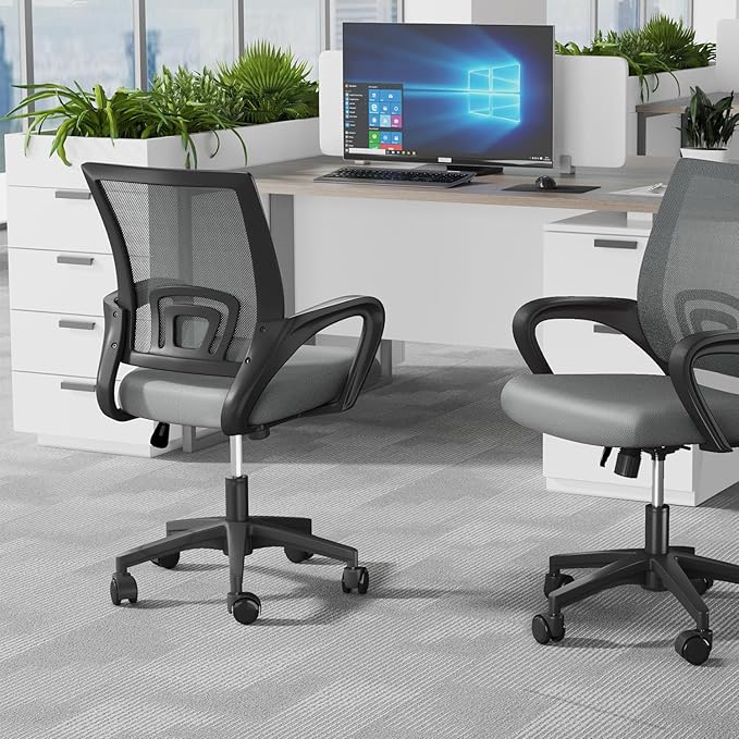 Home Office Chair, Ergonomic Mid-Back Mesh Desk Chair with Lumbar Support, Adjustable Swivel Rolling Design, Comfy Armrest for Work, Study, Gaming, Vanity (Light Gray, Single Chair)