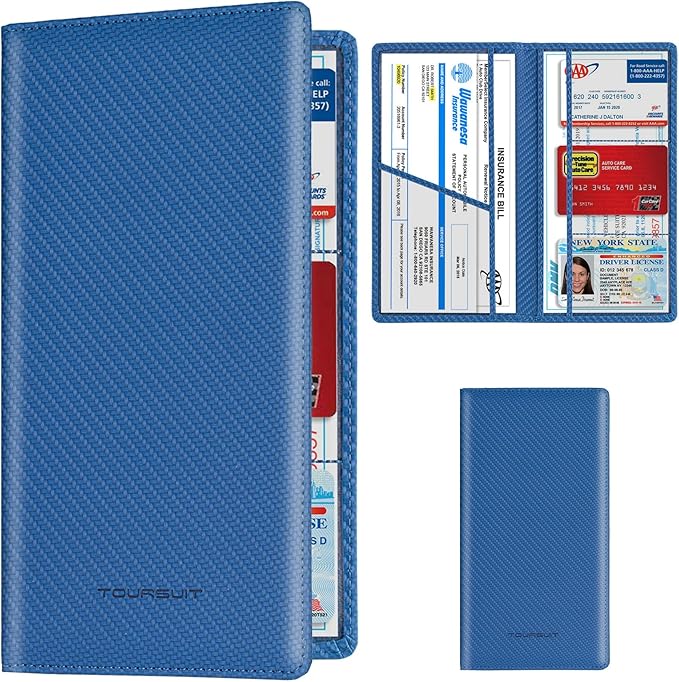 TOURSUIT Car Registration and Insurance Card Holder, Vehicle License Document Glove Box Compartment Organizer, Essential Car Wallet Case for Driver Auto Owners (Carbon Blue)