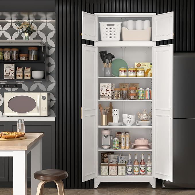 SteeLoong 90”Metal Pantry Storage Cabinet with Doors & 4 Adjustable Shelves | Kitchen Pantry Cabinet,White Kitchen Cabinet with 4 Gold Handles,Tall Cabinet for Livingroom,Pantry, Bathroom,Kitchen,Garage