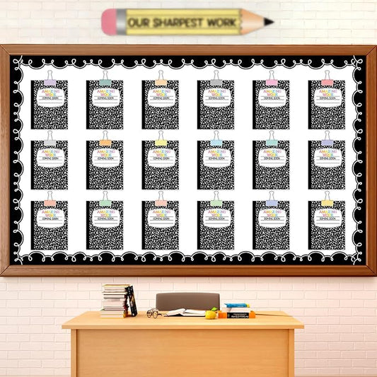 Student Work Display Bulletin Board Set Composition Notebook Classroom Decoration Inspirational Our Sharpest Work Pencil Cutouts for Back to School Classroom Chalkboard Wall Decor Teacher Supplies