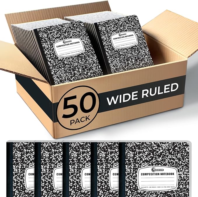 50 Pack Composition Notebooks Bulk Wide Ruled, Black Marble | Bulk Office Notebooks, 200 Pages (100 Sheets), 9-3/4 x 7-1/2, Hard Cover, Bulk Notebooks for Office & School Supplies