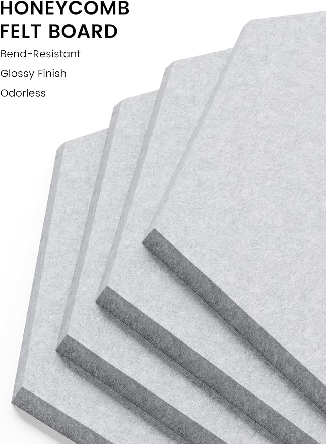 Fluxynara 12-Pack Hexagon Felt Bulletin Board Tiles, Soft Gray | Cork Board Alternative with 60 Adhesive Tabs for Notes, Photos and Reminders in Home Offices, Dorm and Classrooms