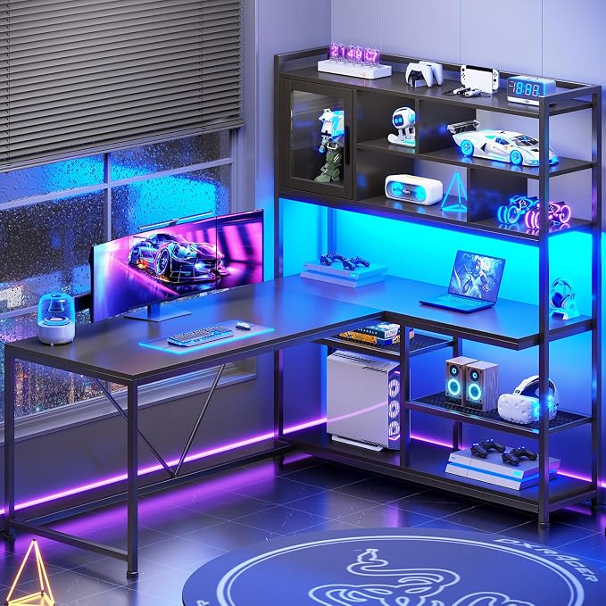 SEDETA L Shaped Computer Desk with Storage Shelves and Bookshelf, Black | 58'' Reversible Office Desk with LED Light, Glass Door Cubby, L Shaped Corner Desk for Gaming, Two Monitors, Small Space