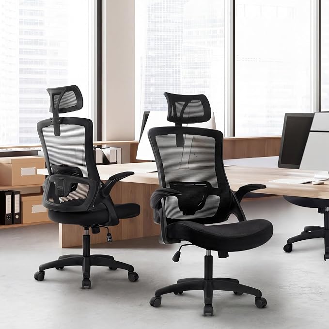 NEO CHAIR Office Desk Chair with Ergonomic High Back Mesh Headrest, Black | Adjustable Headrest and Lumbar Support with Flip-Up Armrests Designed for Extended Sitting Comfort While Saving Space