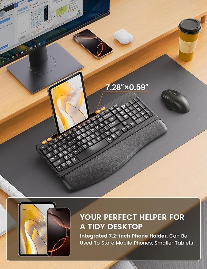 Ergonomic Wireless Keyboard and Mouse Combo with Wave Key | Leather Soft Palm Rest, Rechargeable, 4-Level DPI, Phone Holder, 2.4GHz, MA22 Plus Full Size Set for PC, Laptop, Windows, Mac