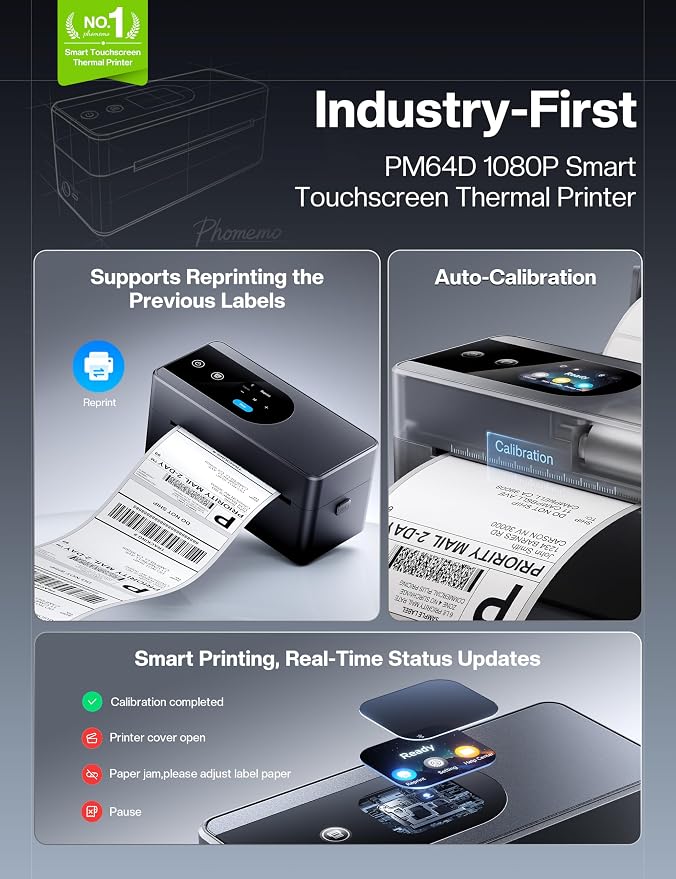 Phomemo Shipping Label Printer Upgraded with Touch Screen & Label Holder | 4x6 wireless thermal label printer for small business & shipping package, compatible with Amazon, Shopify, USPS
