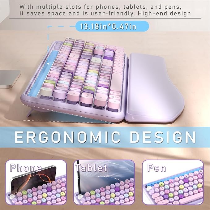 Wireless Keyboard and Mouse Combo with Phone Holder (Purple) | MPTOG Colorful Typewriter Keys with Wrist Rest, , 2.4GHz Wireless, Full-Sized Optical Mouse for PC and Laptop