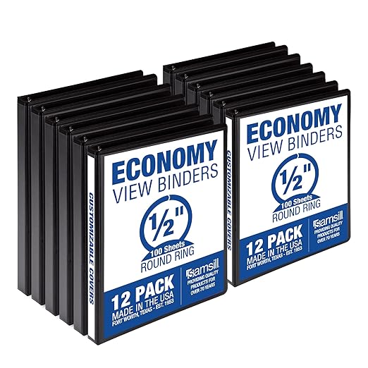 Samsill 0.5 Inch 3 Ring Binders, Economy Round Ring, Clear View Cover, 100 Sheet Capacity - for School, Home, Office - Black, 12 Pack