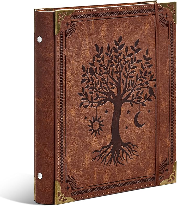 Ovesmusl PU Leather Mini 3 Ring Binder Fits 5.5" X 8.5" A5 Paper, 1 Inch Round Ring Binder Holds 200 Sheets, Notepad Paper Cover Loose Leaf Organizer, Green Tree of Life
