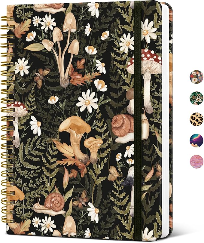Taja Spiral Journal Notebook for Women, Pretty Hardcover Lined Notebook for Work & Note Taking, Aesthetic Cute Journal for Writing, 140 Pages, 5.8"x8.3", Mushroom