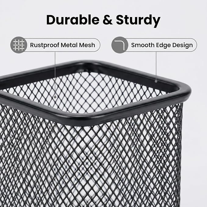 Pen Holder Pencil Holder Metal Pen Holder Cup Pencil Holder for Desk Office Pen Pencil Organizer for Desk Black, Square 4 Pack