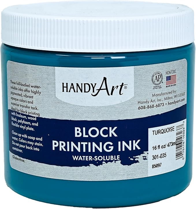 Handy Art 301-035 Water Soluble Block Printing Ink Jar, Turquoise, 16-Ounce