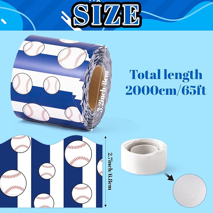 BeYumi Baseball Sport Border Trim - 65ft Back to School Baseball Sport Blue White Stripe Scalloped Rolled Border Trim Ball Sports Theme Bulletin Board Set Party School Classroom Chalkboard Wall Decor